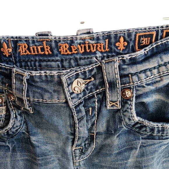 sz 30 Rock Revival Distressed Denim Jeans Feeney Boot Bootcut Trashed - Picture 6 of 12